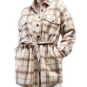 JR354 Oat Brown & Beige Juniors' Plaid Belted Shirt Jacket Size M